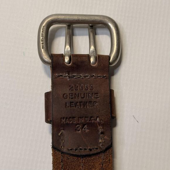 Genuine Leather Belt Mens 34 Brown Solid Brass Double Prong Made in USA 29655 - Picture 5 of 12
